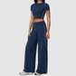 Wholesale Women's Brushed Short Sleeve Crop Top & Wide-Leg Pants Set – Padded Yoga Fitness 2-Piece
