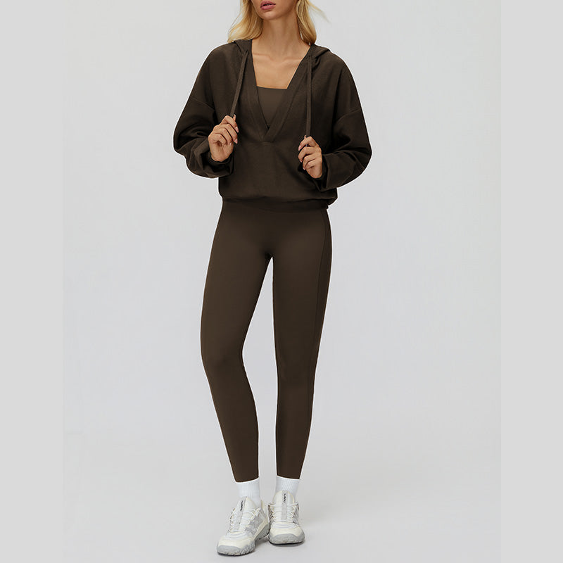 V-neck large hooded jacket+Sports tank top+High-waisted leggings 3-piece set