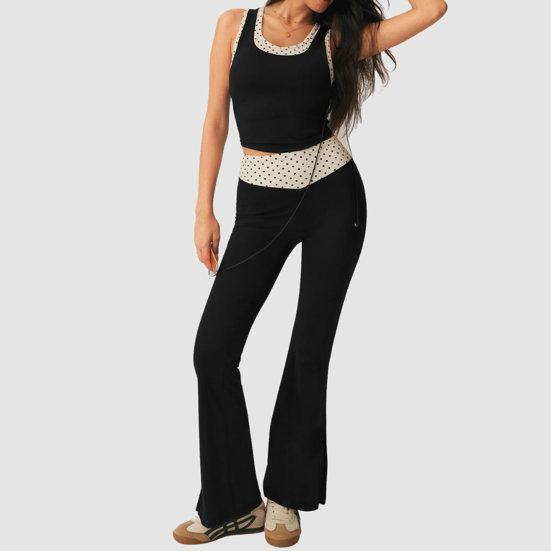 Wholesale Women's Polka Dot Pilates Set – Sleeveless Top & Flared Pants