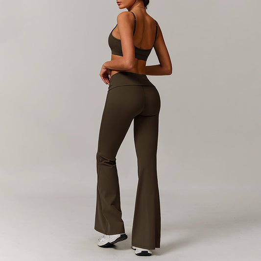 V-shape neck and thin straps sports bras + Flared Leg pants 2-piece set