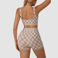 Wholesale Women's Checkerboard Yoga Set – Contrast Color Sports Bra and Shorts Set