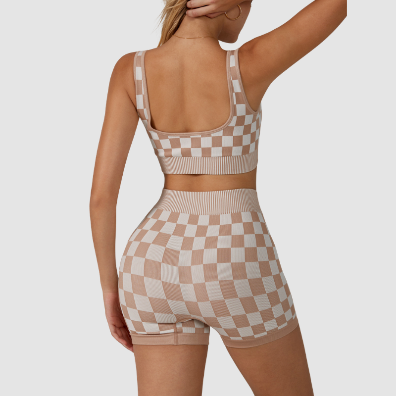 Wholesale Women's Checkerboard Yoga Set – Contrast Color Sports Bra and Shorts Set