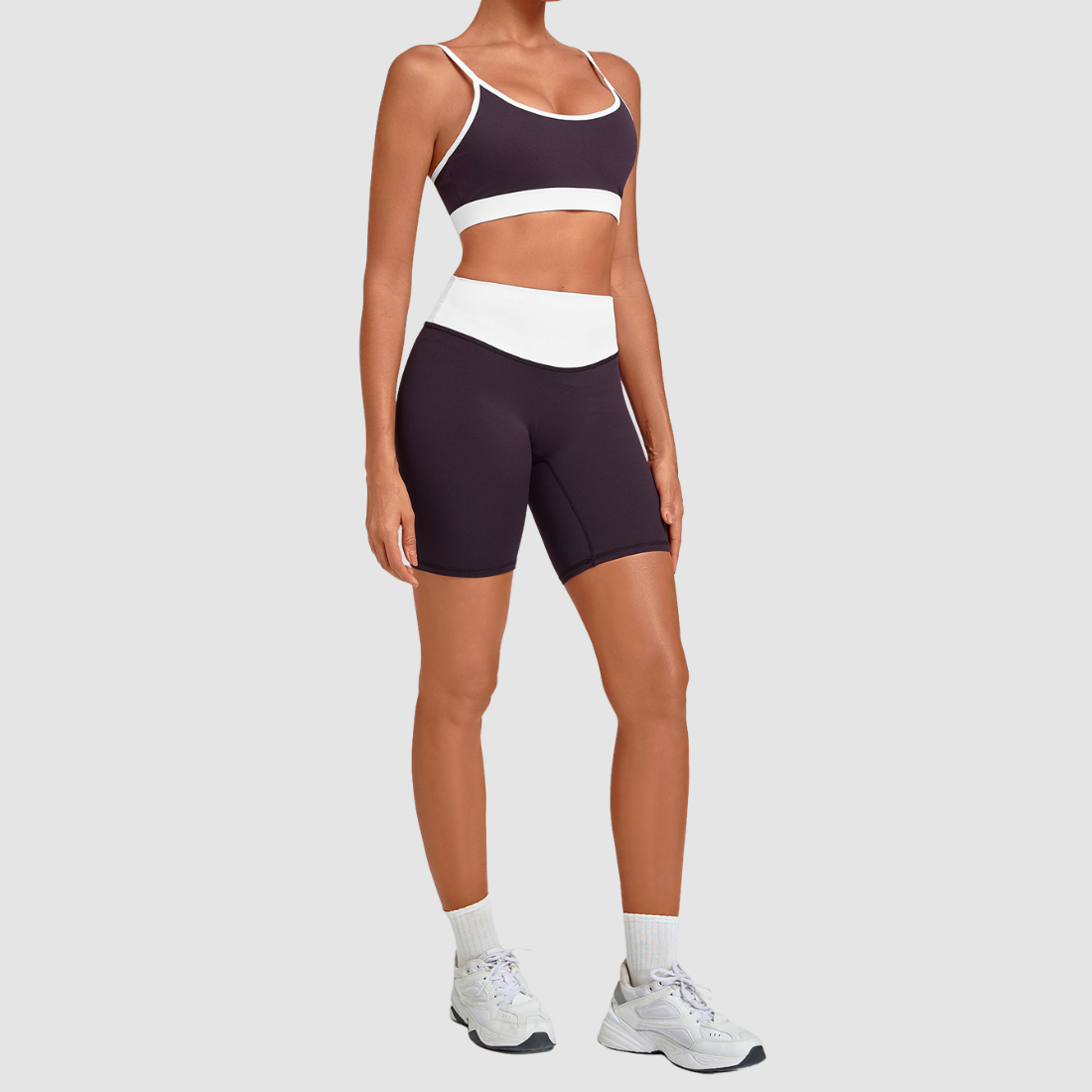 Wholesale Women’s Contrast Strap Sports Bra & High-Waist Biker Shorts Yoga Set
