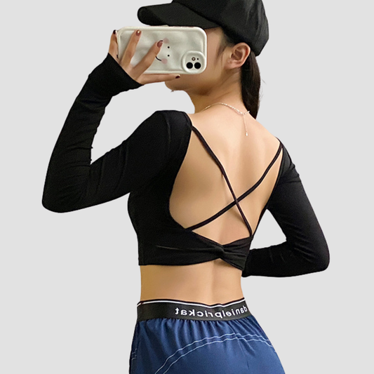 Wholesale Women's Crop Open Back Yoga Long Sleeve Top – Quick-Dry Fitness with Chest Pad