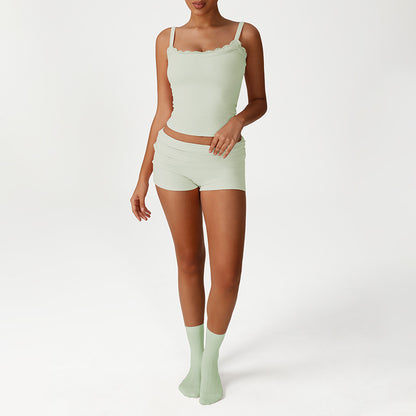 Lace Low-Cut Crop Top + Elastic Ruched Waistband Shorts 2-Piece Set