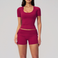 Wholesale short-sleeved tops and high-waisted fold-over shorts sets