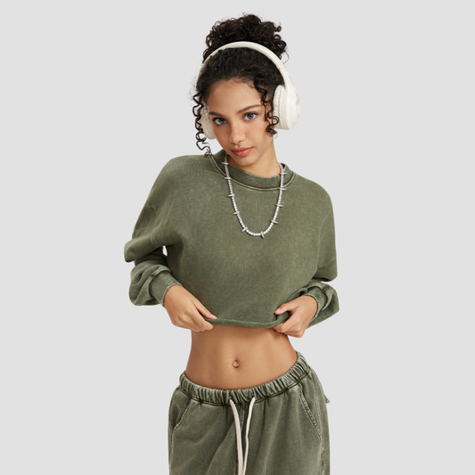 Wholesale Washed Raw-Edge Long Sleeve Top – Cropped Cotton Streetwear