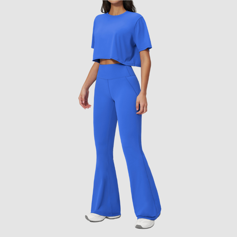 Wholesale round neck short sleeved top+flared pants 2-piece set