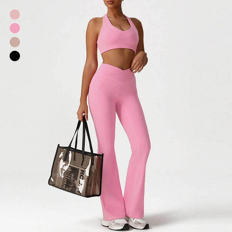 Cross-Back Sports Bra + Flared Leg Pants 2-Piece Set
