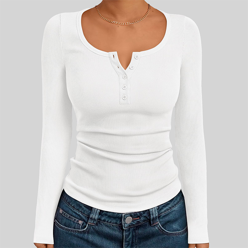 Wholesale Women's Button V-Neck Long Sleeve Ribbed Knit Top