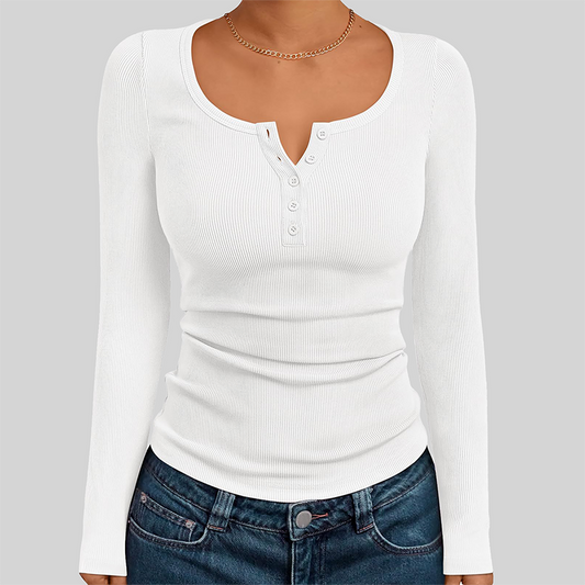 Wholesale Women's Button V-Neck Long Sleeve Ribbed Knit Top