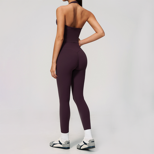 Wholesale Women's Cream-Feel Fleece Deep-V Halter Neck Tank Top & Leggings Set