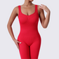 V-neck backless ribbed wide leg double strap yoga jumpsuit