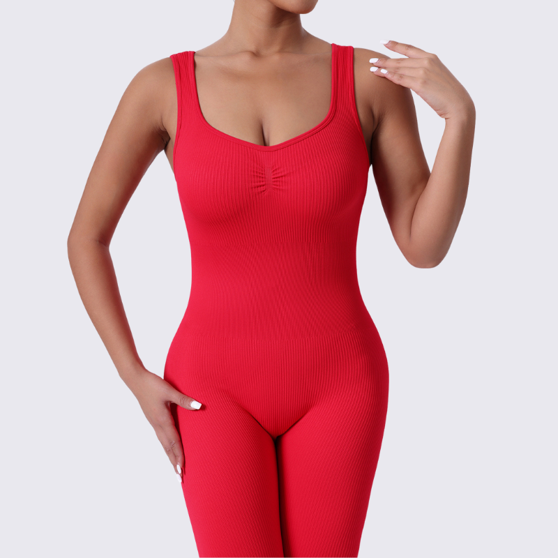 V-neck backless ribbed wide leg double strap yoga jumpsuit