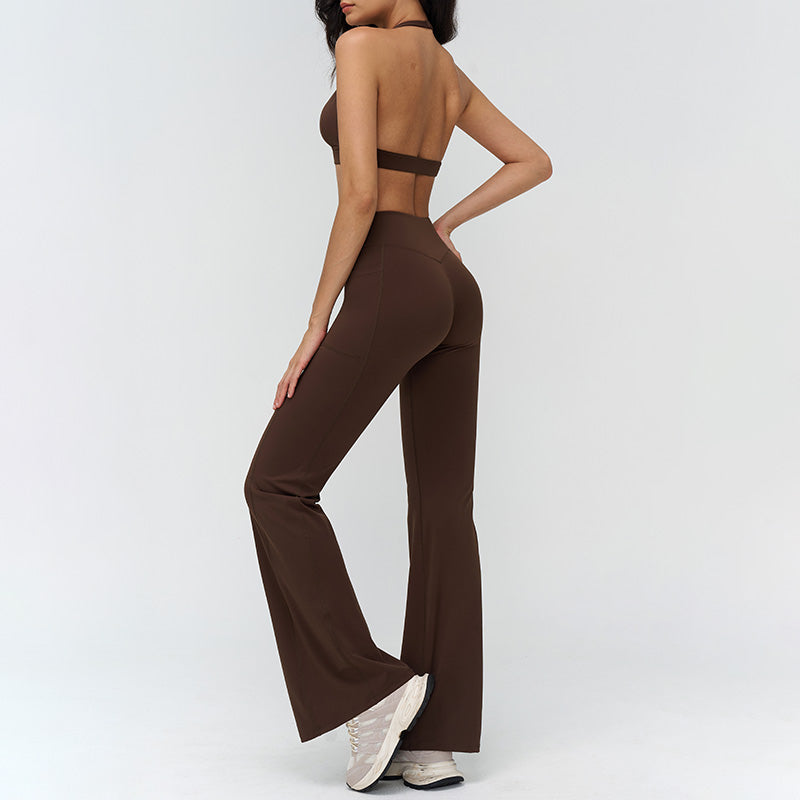 Halterneck backless bra + Flared pants 2-piece set