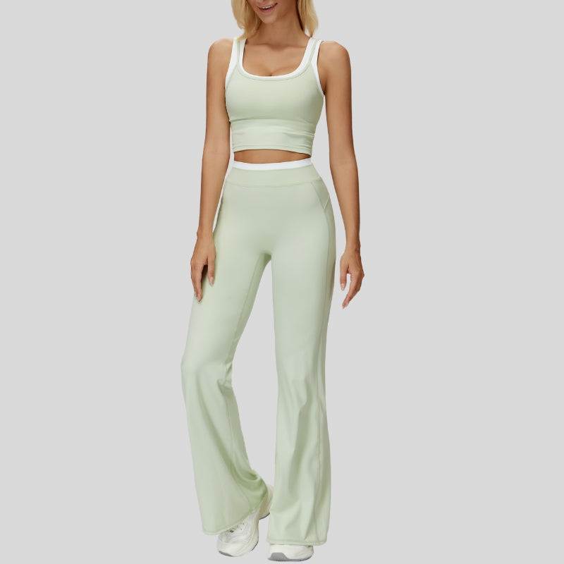 Two-piece contrasting sports tank top+port slightly flared pants 2-piece set