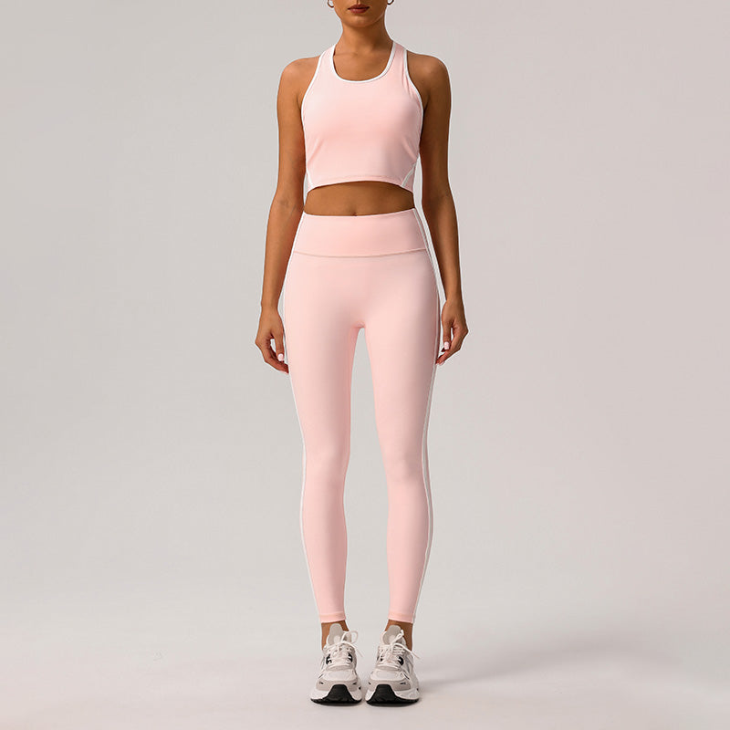 Color-Blocked Racerback Crop Top + High-Waisted Color-Blocked Leggings 2-Piece Set