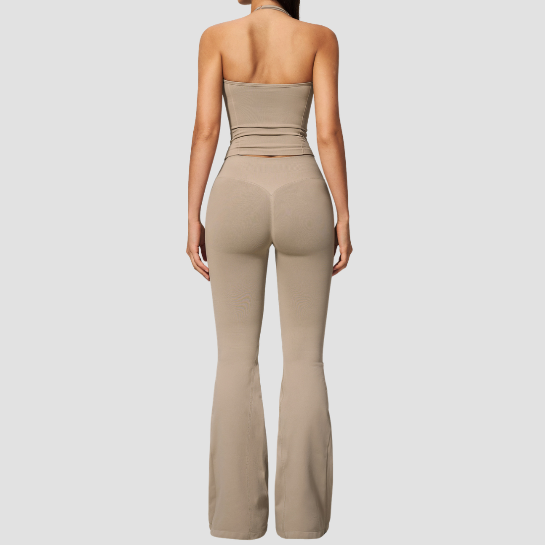 Wholesale Women's Seamless Yoga Set: Strappy Tank Top & Flare Pants – High-Stretch w/ Chest Pad