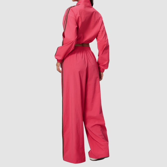 Wholesale Women's Color-Block Stand-Collar Wide-Leg Pants Sports Set