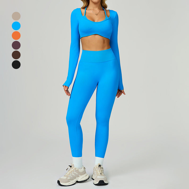 Seamless halter long sleeve top + High-waisted leggings 2-Piece Set