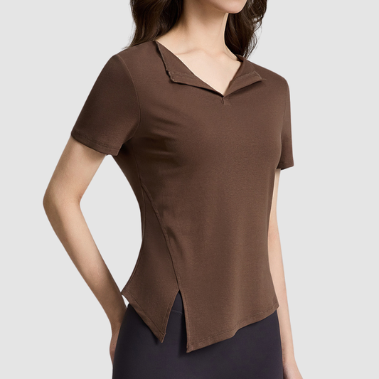Wholesale Women's Lapel Collar Yoga Short-Sleeve Top with Side Slit Hem