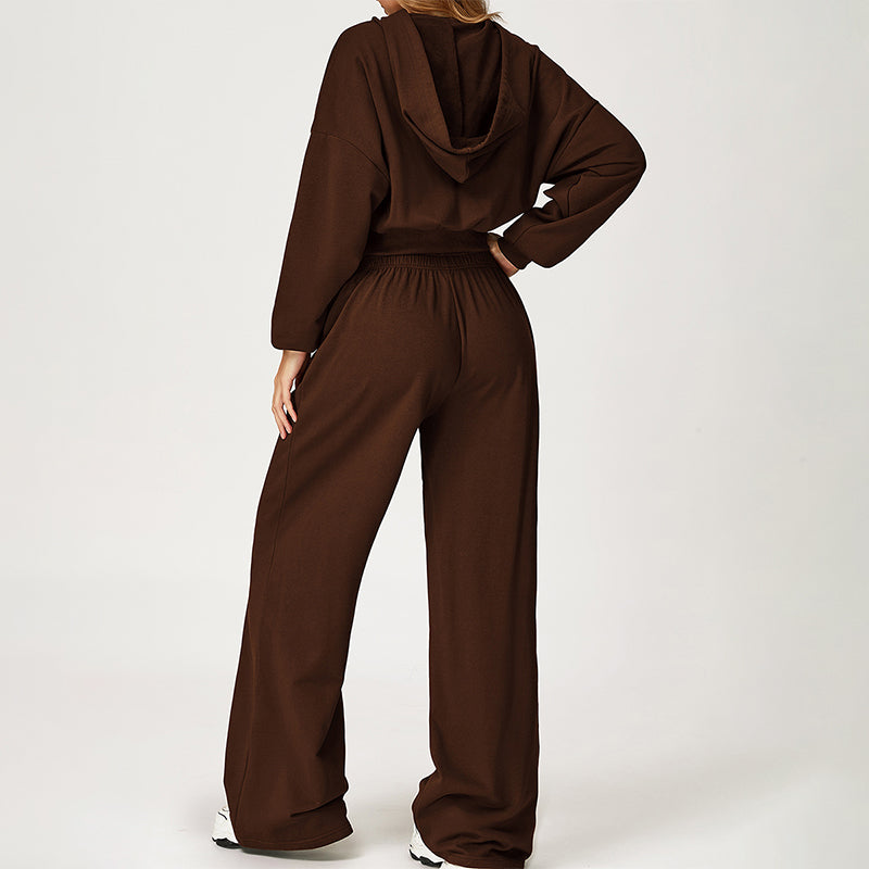 LOOSE HOODED AND FULL ZIPPER SWEATSHIRT + DRAWSTRING SWEATPANTS 2 PIECES SET