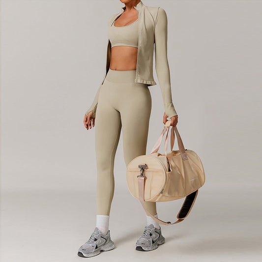Seamless yoga bra + Full Zipper jackets + high waist leggings 3-piece set