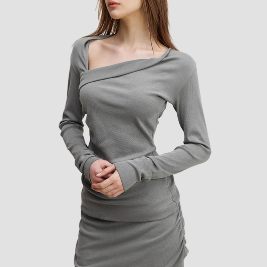 Wholesale Women’s Asymmetric Neck Streetwear Top & Shoulder Wrap – Washed Long Sleeve