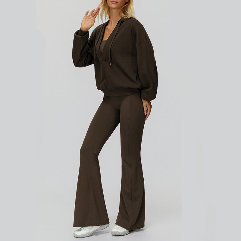 V-neck large hooded jacket+Sports tank top+High-waisted pleated back pants 3-piece set