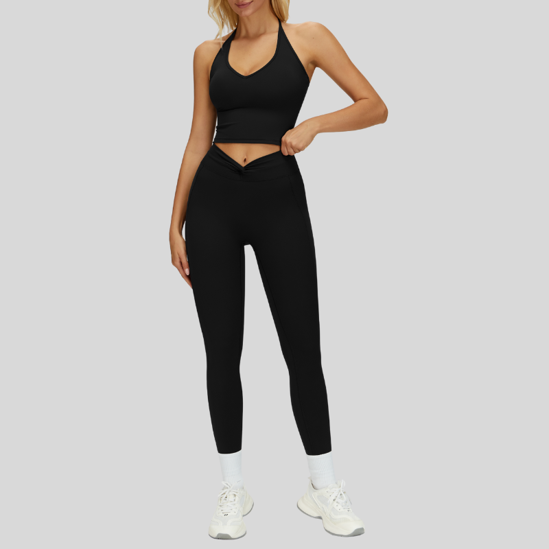 Removable Bra Pad Tank top+Pleated waistband sport leggings 2-piece set