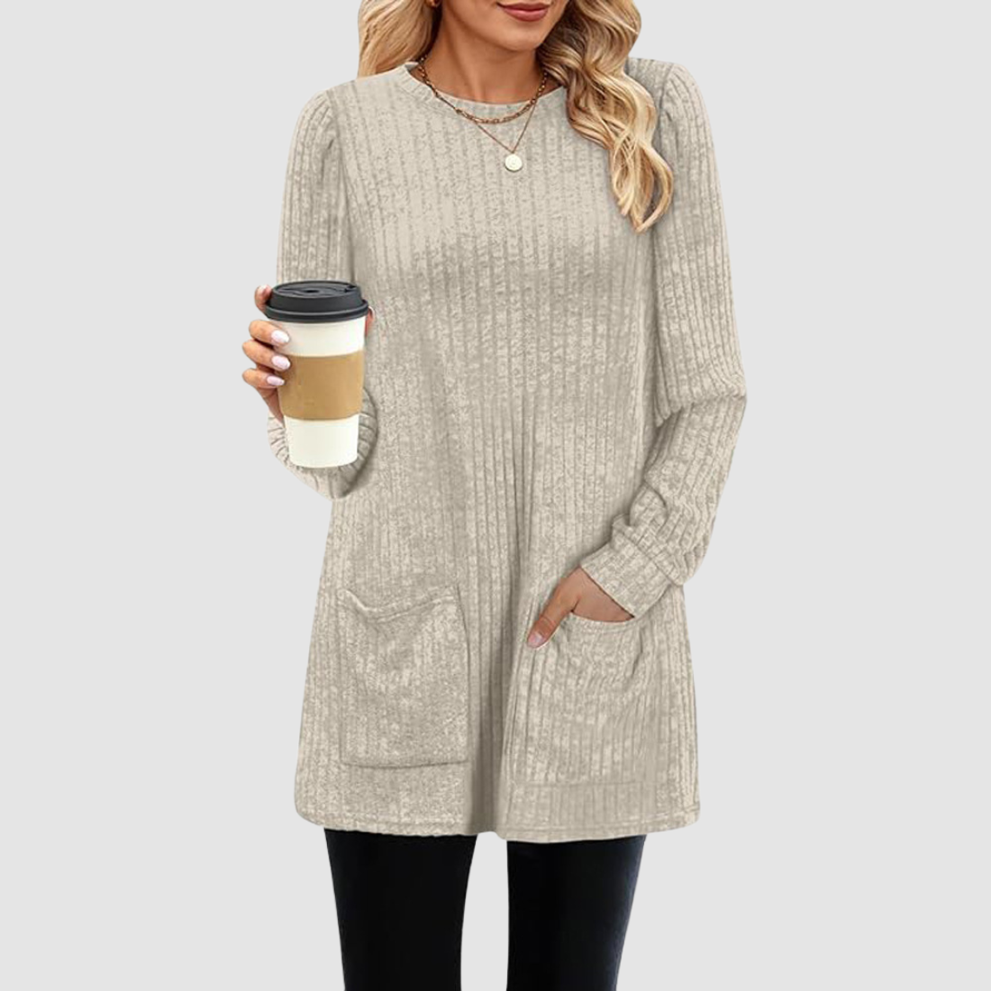 Wholesale Women’s Ribbed Pocket Tunic Sweater – Mid-Long Knit Pullover