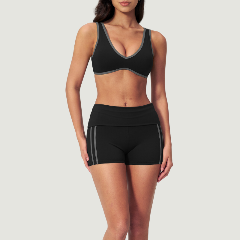 Wholesale Color Block V-Neck Sports Bra & Fold-Up Shorts Set
