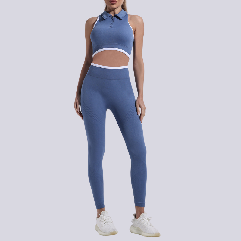 A seamless round neck sleeveless zip bra and sports pants two-piece set