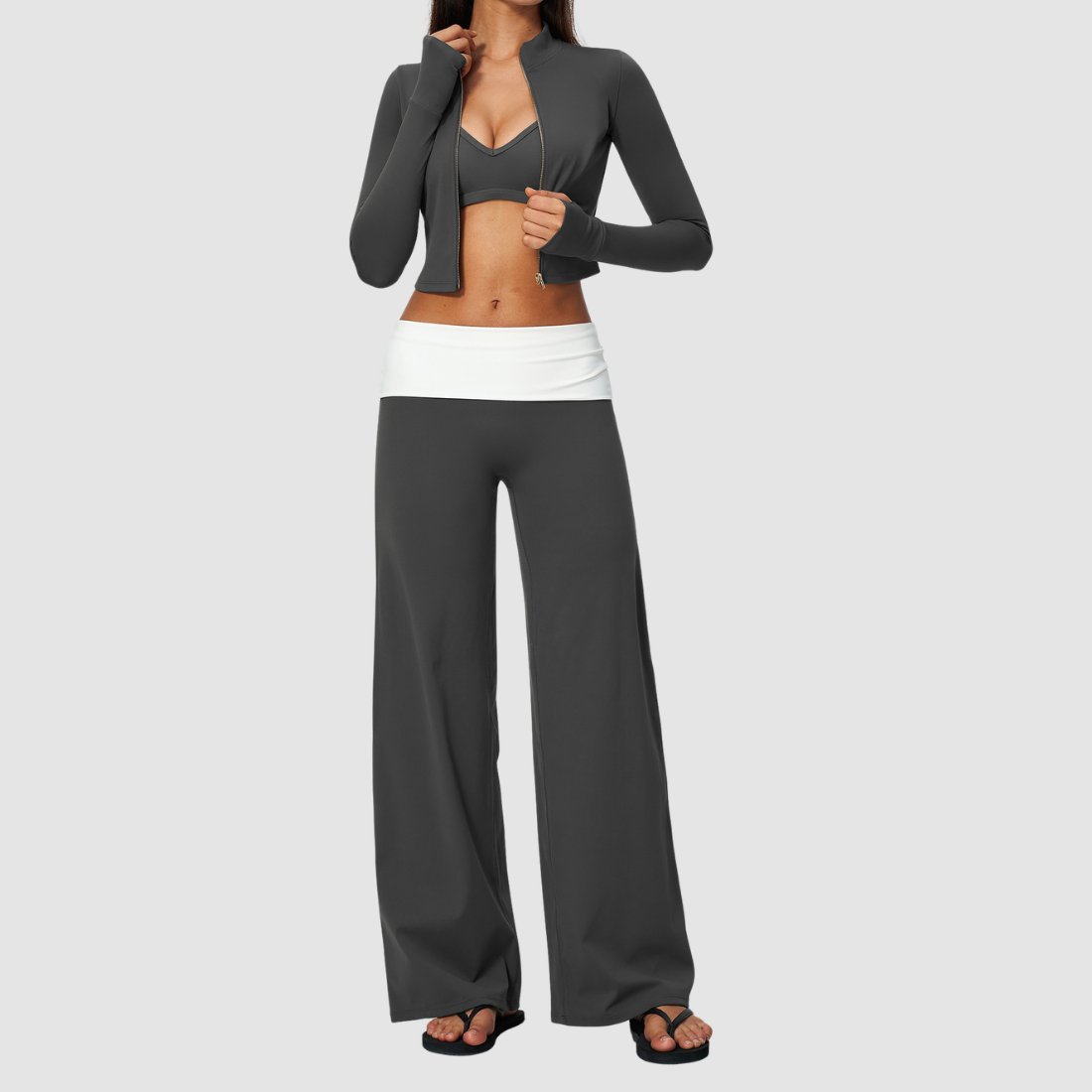 Wholesale Women’s 3-Piece Zip Jacket, Sports Bra & Wide-Leg Yoga Pants Set