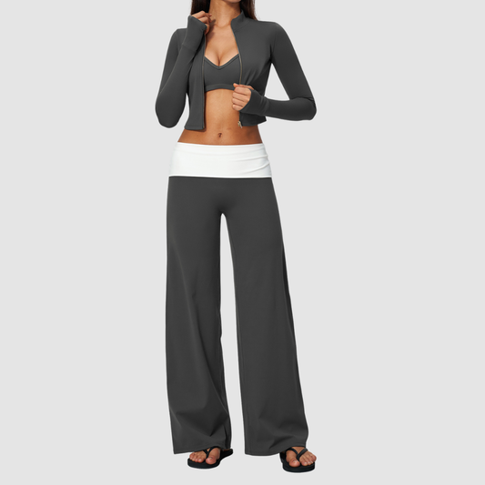 Wholesale Women’s 3-Piece Zip Jacket, Sports Bra & Wide-Leg Yoga Pants Set