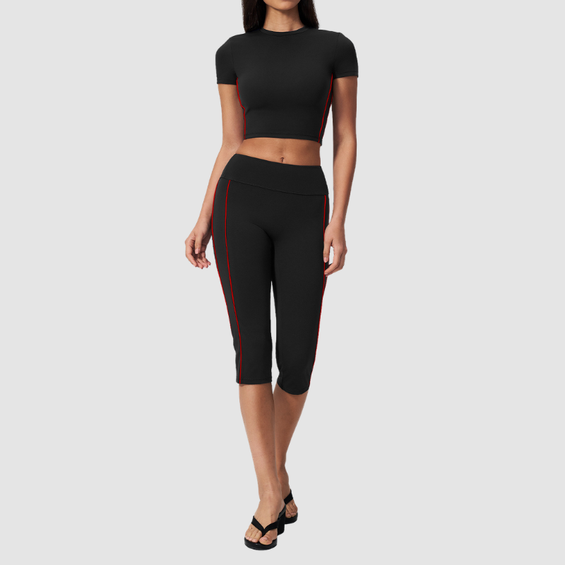 Wholesale Women's Brushed Contrast Piping Short Sleeve Crop Top & Button-Up Cropped Pants Set