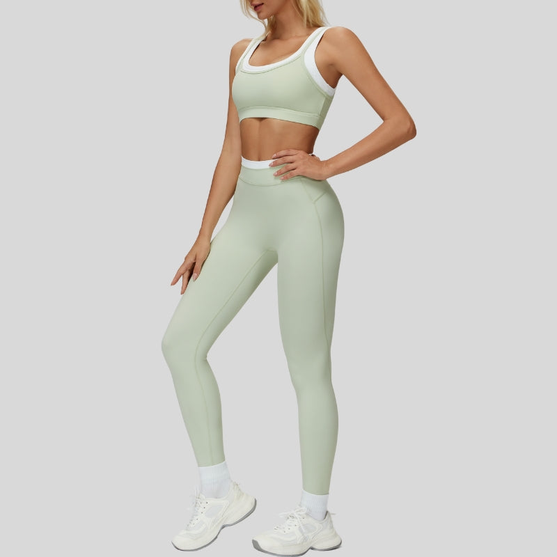 Contrast color sports bra + sports legginggs 2-piece set