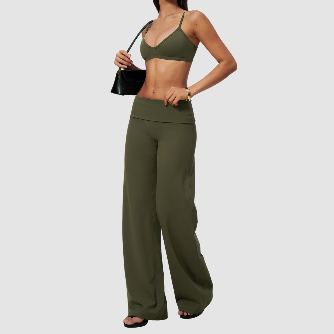 Wholesale Women's Brushed Yoga Set: Strappy Back Bra & Foldover Wide-Leg Pants