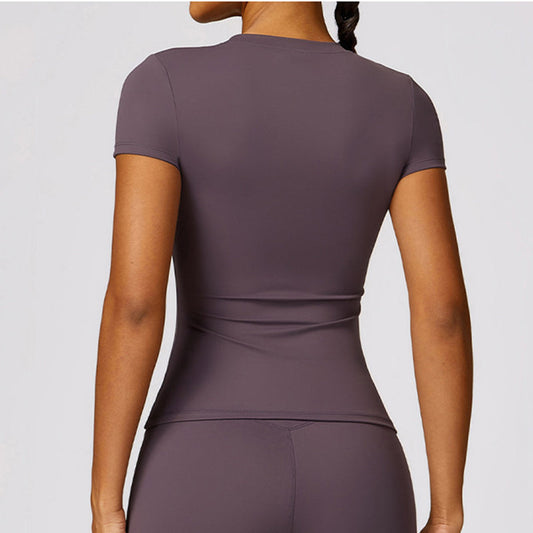 Brushed short sleeve and round neck yoga top