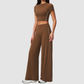 Wholesale Women's Brushed Short Sleeve Crop Top & Wide-Leg Pants Set – Padded Yoga Fitness 2-Piece