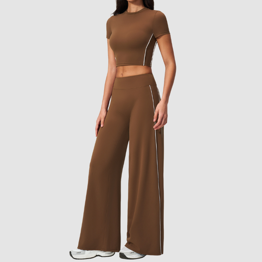 Wholesale Women's Brushed Short Sleeve Crop Top & Wide-Leg Pants Set – Padded Yoga Fitness 2-Piece
