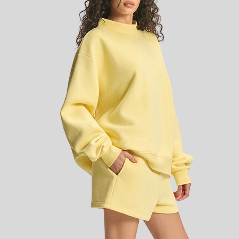 Semi-High Neck Top + Drawstring Shorts 2-piece set