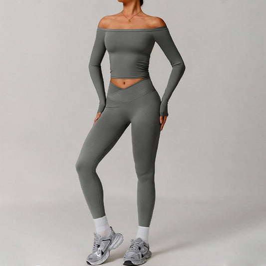 Brushed off shoulder long sleeve yoga top + High-waisted legging 2-piece set