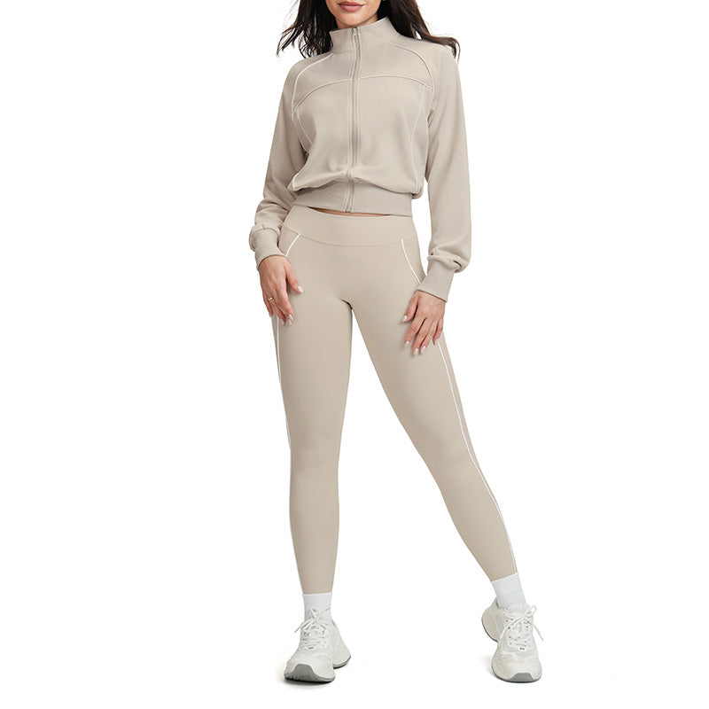 Color-blocked loose-fitting jacket + high-waisted leggings 2-piece set