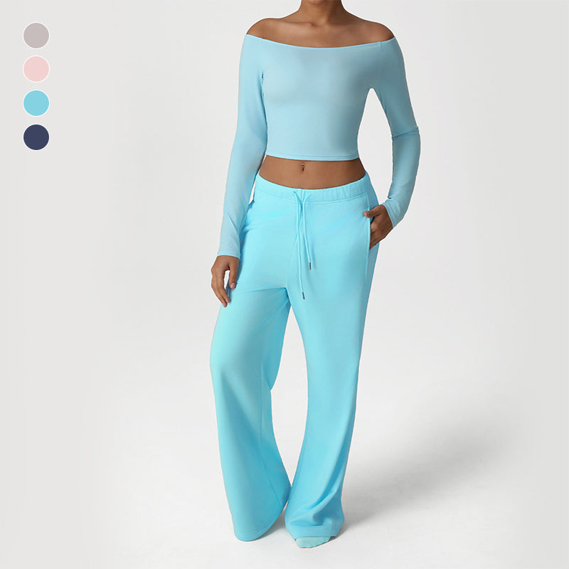 Off-Shoulder Long Sleeve + Loose Sports Pants 2-Piece Set