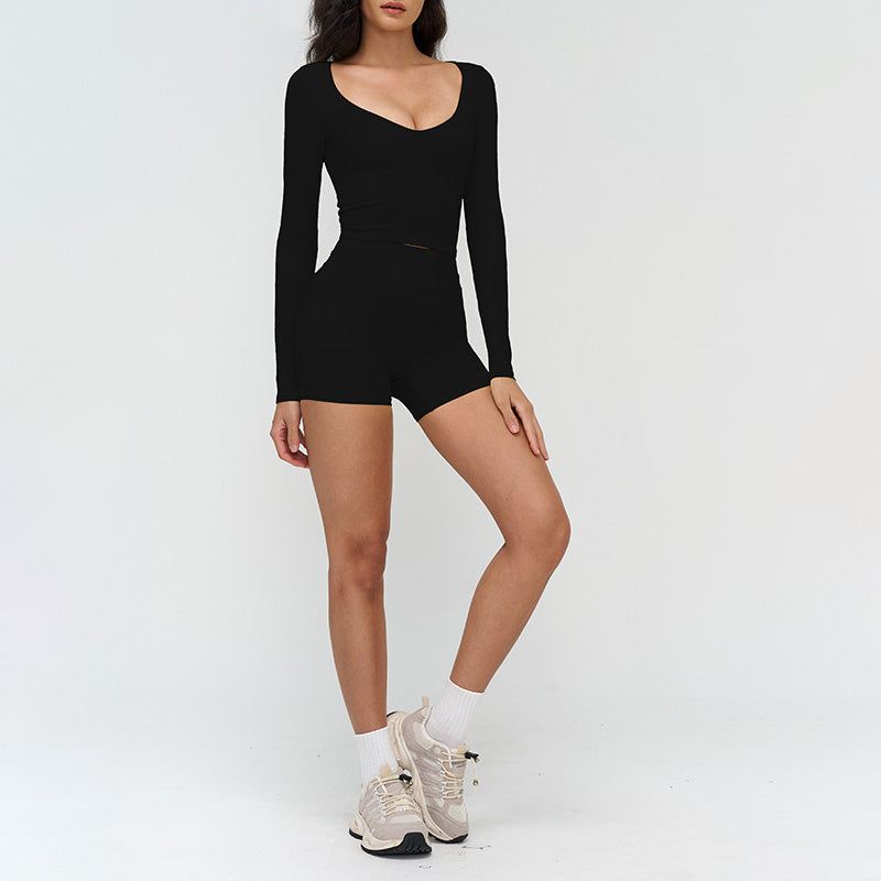 V-neck slim-fit long-sleeved top + High waist shorts 2-piece set