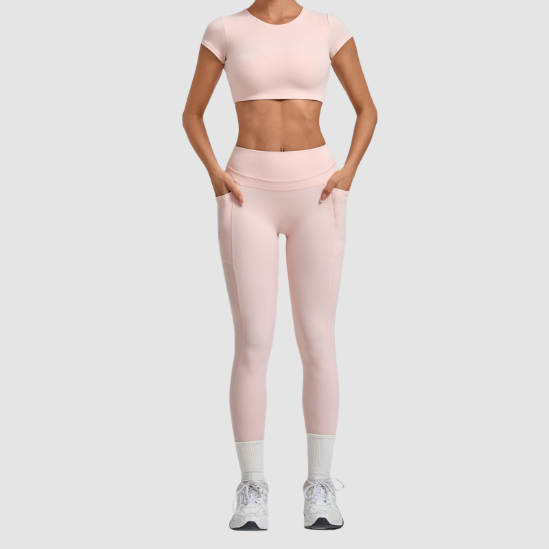Wholesale Women's Naked-Feel Short Sleeve Crop Top + High-Waist Leggings Set – Moisture-Wicking Yoga Fitness Activewear
