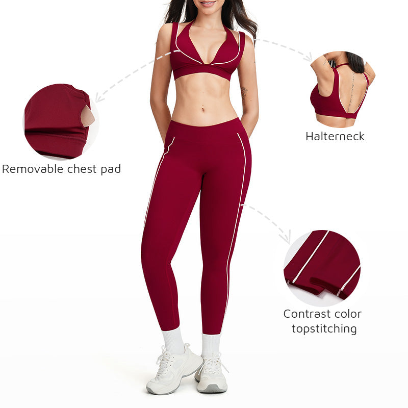 Color-block backless bra + high-waisted leggings 2-piece set