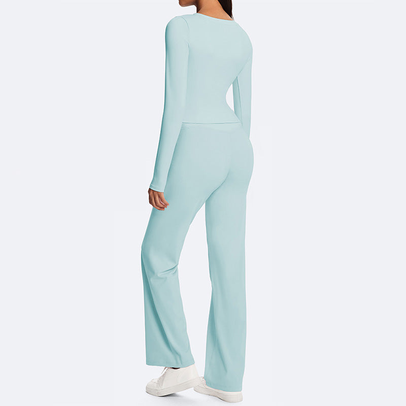 V-neck long-sleeved top + straight-leg pants 2-piece set