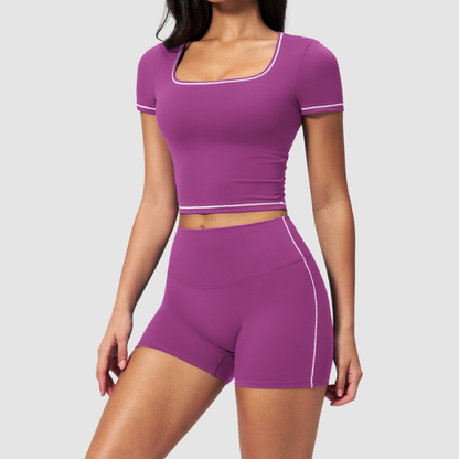 Wholesale Women's Seam-Detail Short Sleeve Crop Top + High-Waist Shorts Set – Butt-Lifting Yoga Gym Activeweare